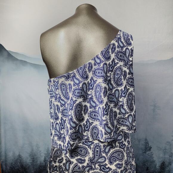 Banana Republic One Shoulder Asymmetrical Blue Paisley Dress | Women's 8 - Picture 8 of 10